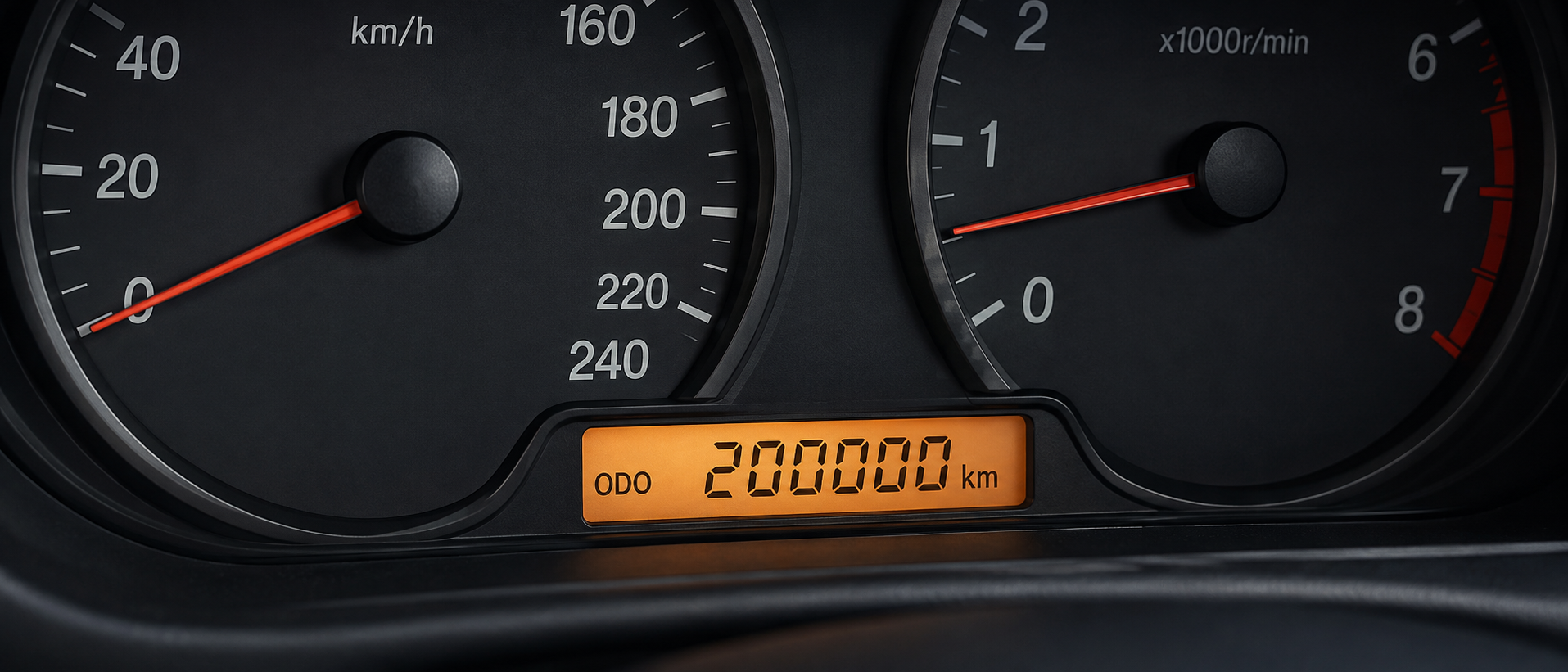 過走行車のメーターパネルに表示された走行距離200,000kmのデジタル表示