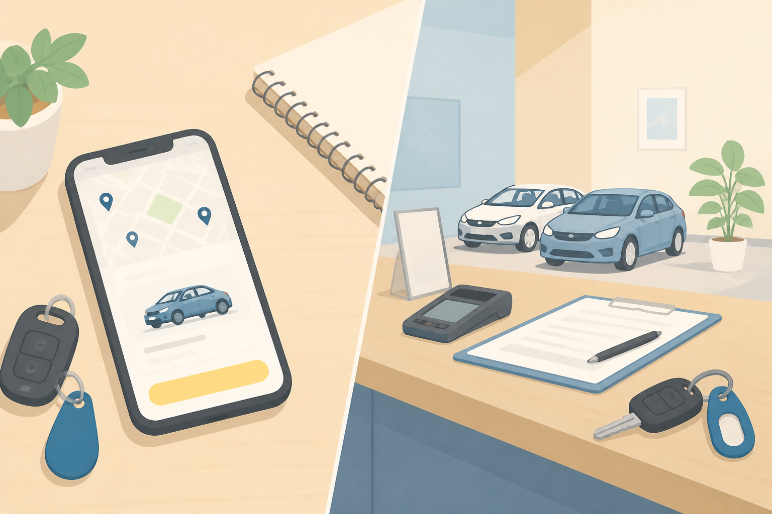 スマートフォンのアプリでカーシェアを予約する手元とレンタカーカウンターでの手続き風景