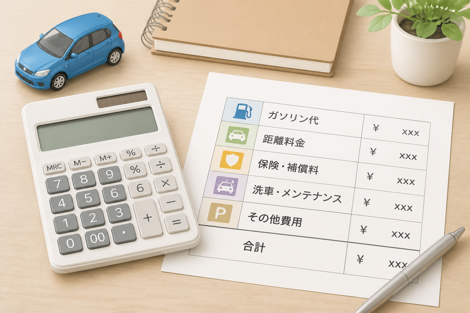電卓と料金表を並べて車の利用コストを計算しているデスク上の様子
