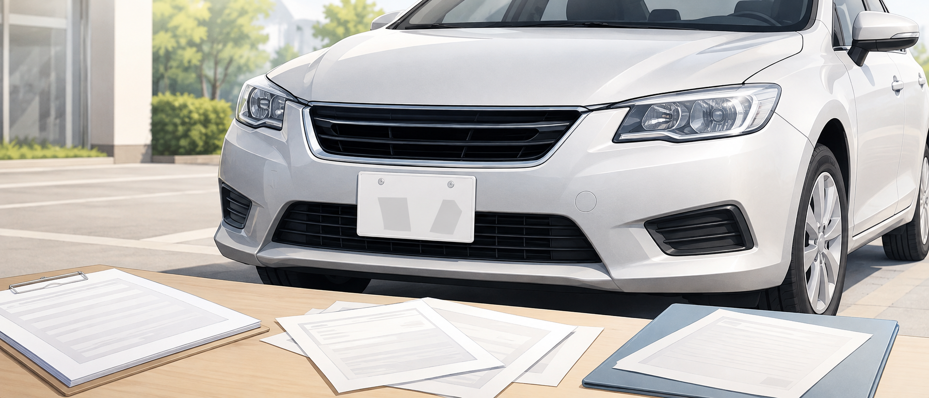 ナンバープレートを取り付けた乗用車のフロント部分と書類