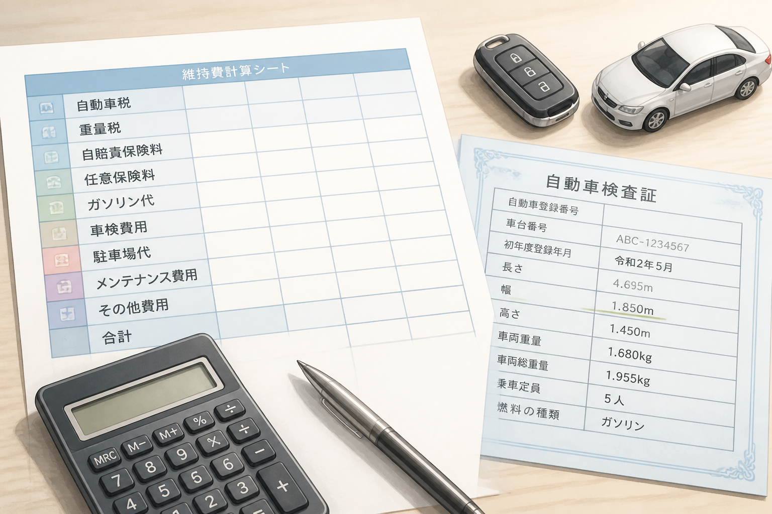 自動車の維持費計算シートと車検証を見比べながら検討する手元