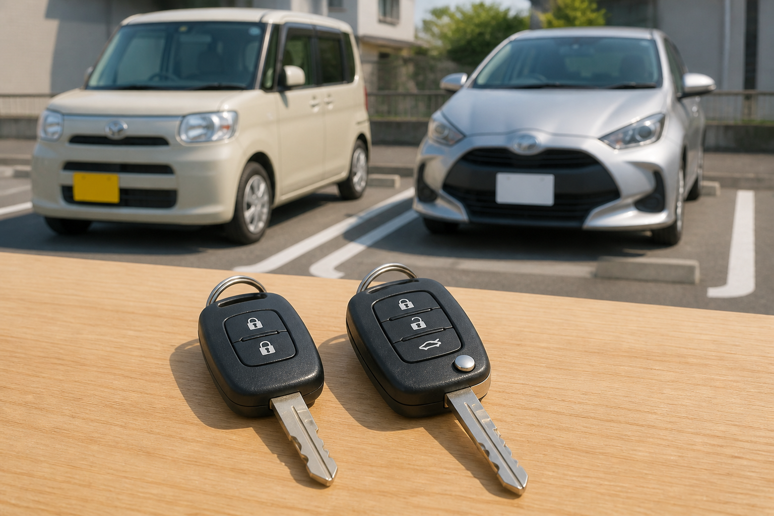 駐車場に停められた軽自動車と小型乗用車の鍵が並べられている手元の静物