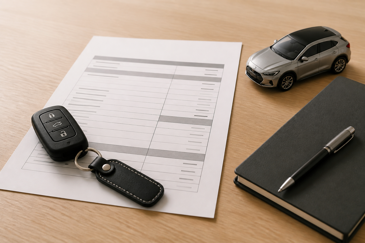 テーブルの上で新車見積書と鍵を前に話し合うビジネスライクな商談の場面