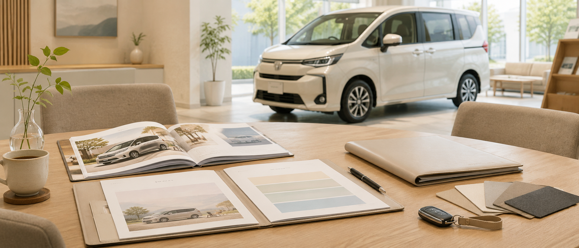 新車ディーラーの商談スペースでカタログや納期案内資料を前に落ち着いて検討している様子