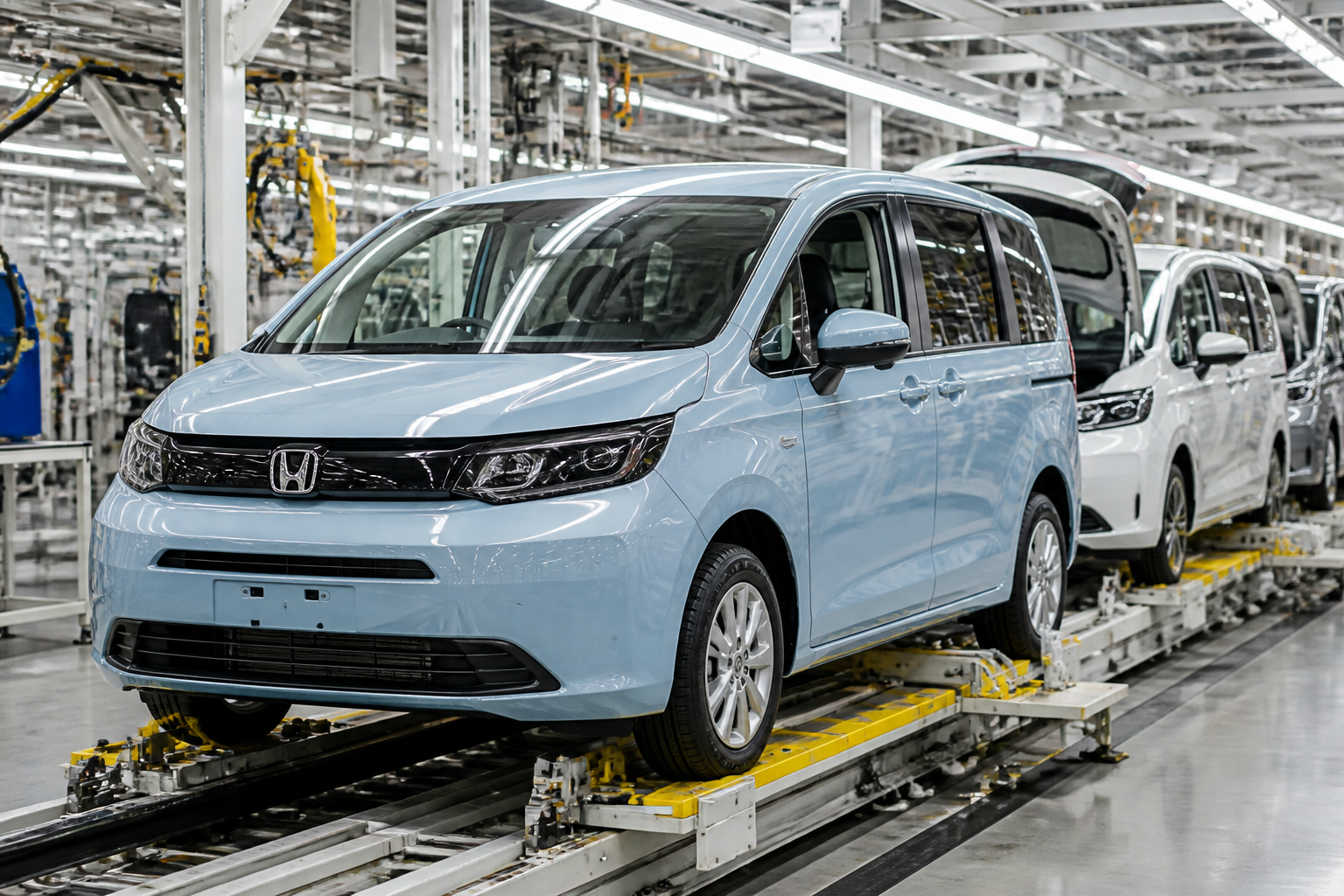 新車の製造ラインで丁寧に組み立てられているコンパクトミニバンの外観
