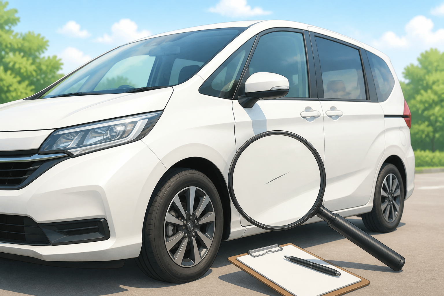 自動車の査定スタッフが明るい屋外で車両の外観や傷の有無を丁寧にチェックしている様子