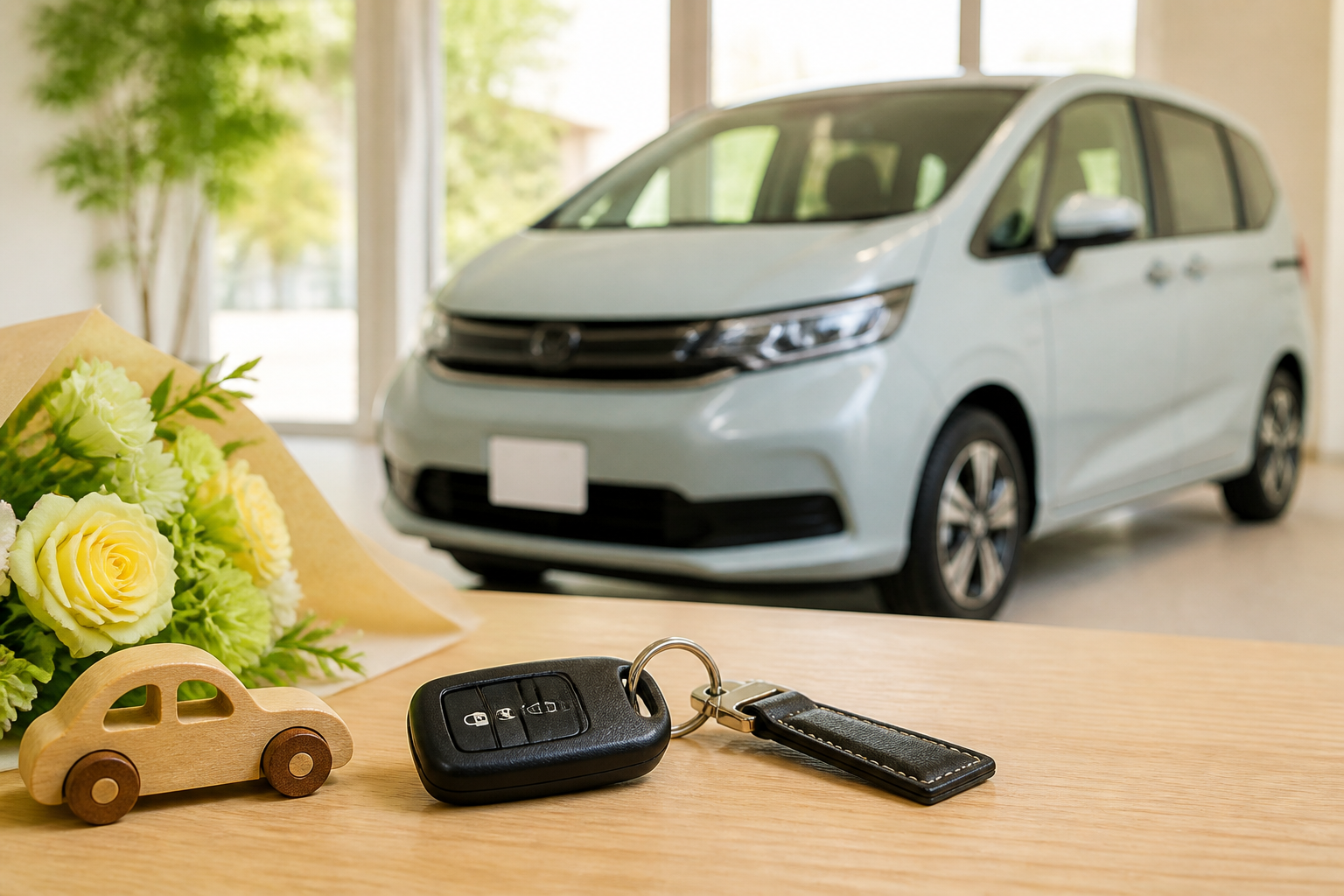 納車されたばかりの新しい車を前に笑顔でキーを受け取る家族の心温まる静物構図