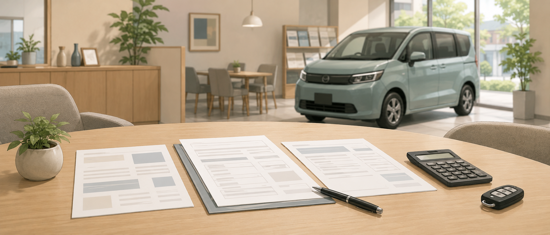ホンダのディーラー商談スペースでテーブル上に見積書が置かれている静物風景