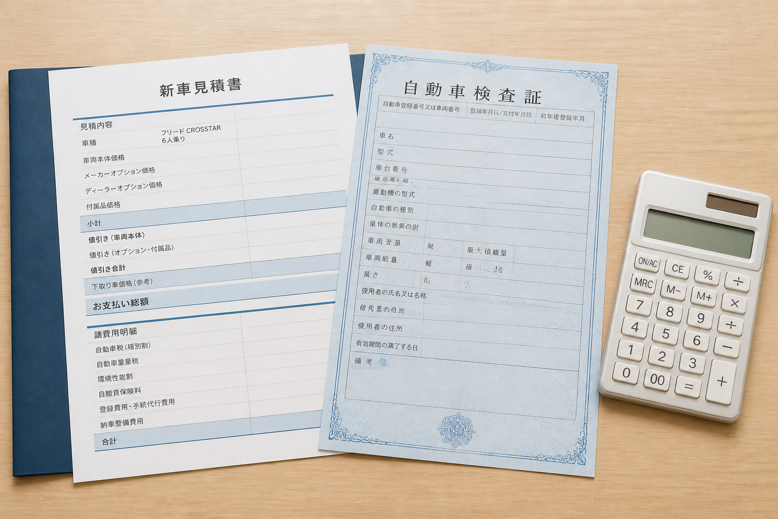 新車の見積書と車検証、電卓が整然と並べられた商談用の机の上