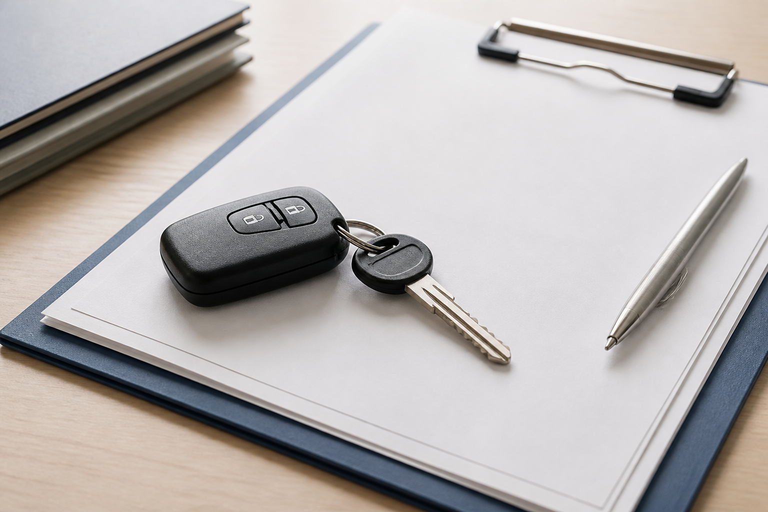 自動車の鍵と契約書類が整然と置かれた打ち合わせ用デスクの接写