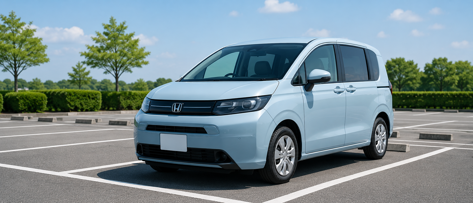 整然と整備された駐車場に停車しているコンパクトミニバンのフロント斜め構図