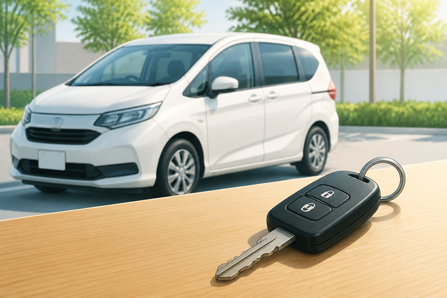 納車された新しい車を背景に、車の鍵を手に持って微笑むオーナーの手元