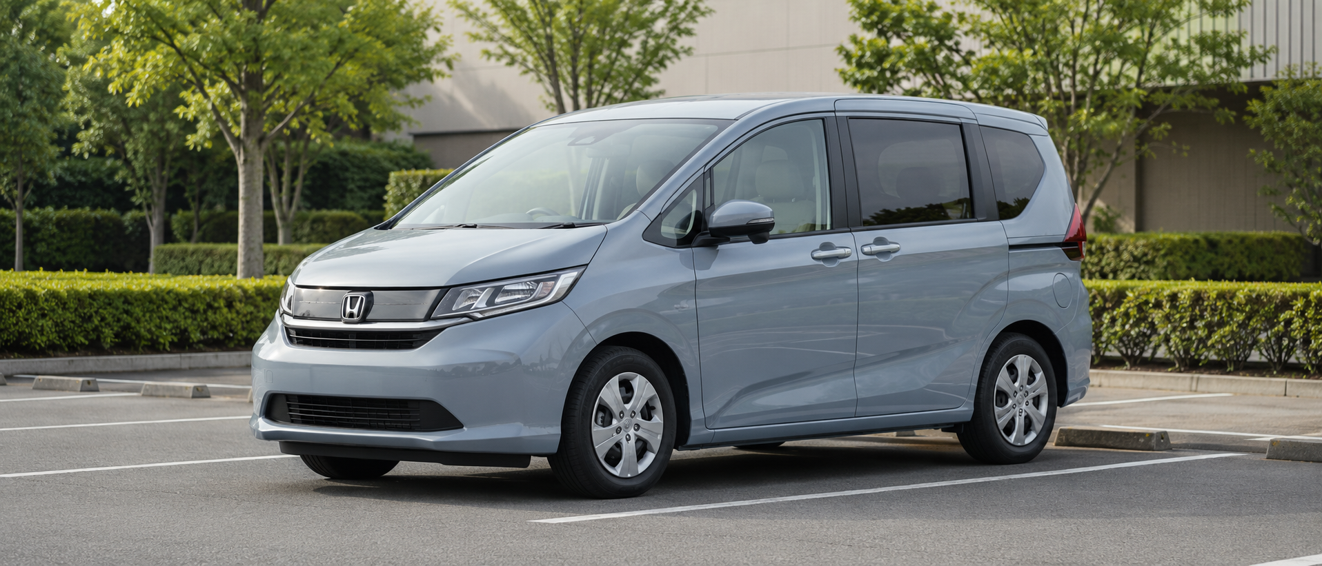 落ち着いた色合いのフリードハイブリッドが綺麗に手入れされた駐車場に停車している静物構図