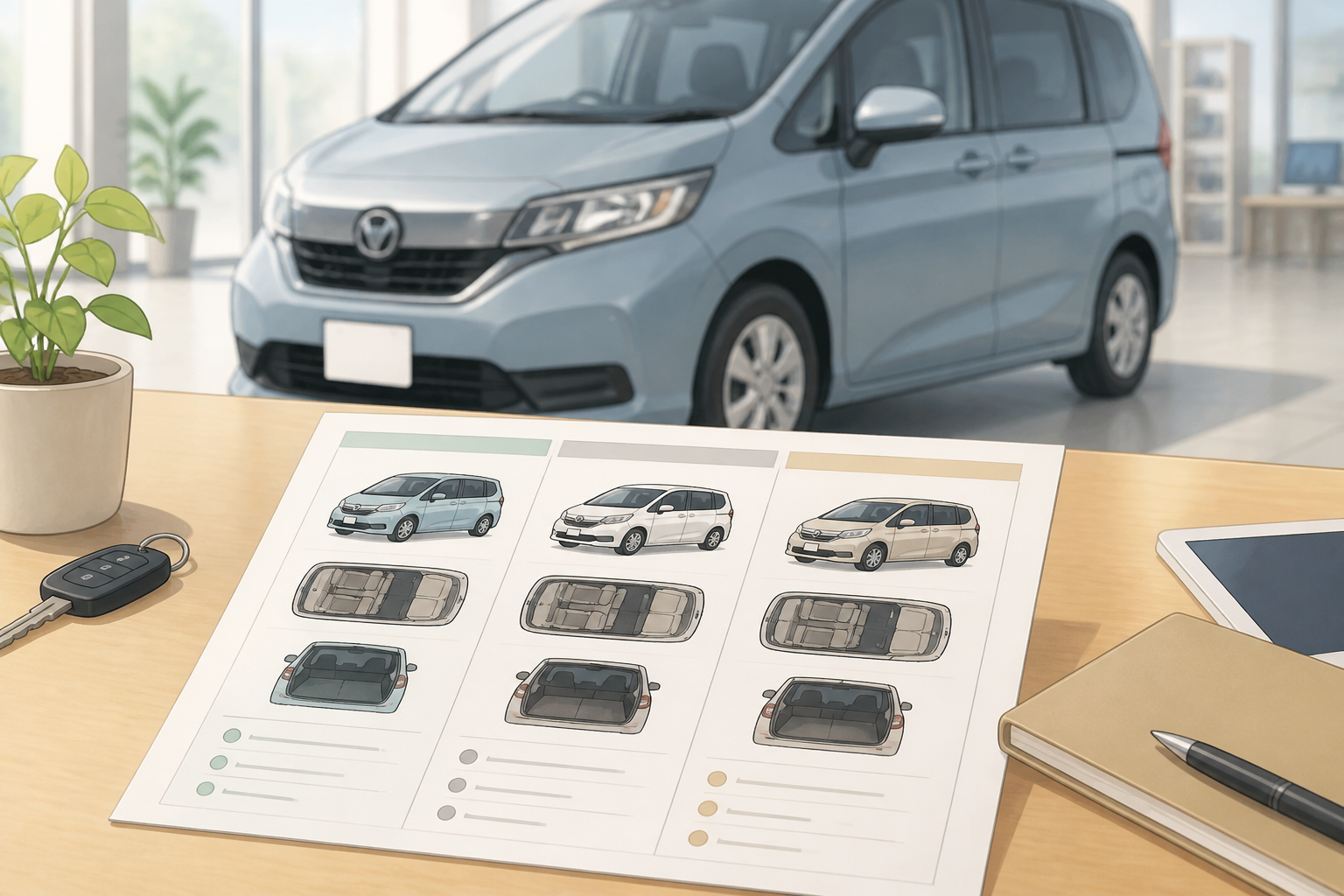 車の購入比較シートを見ながらディーラーで商談を進めている様子