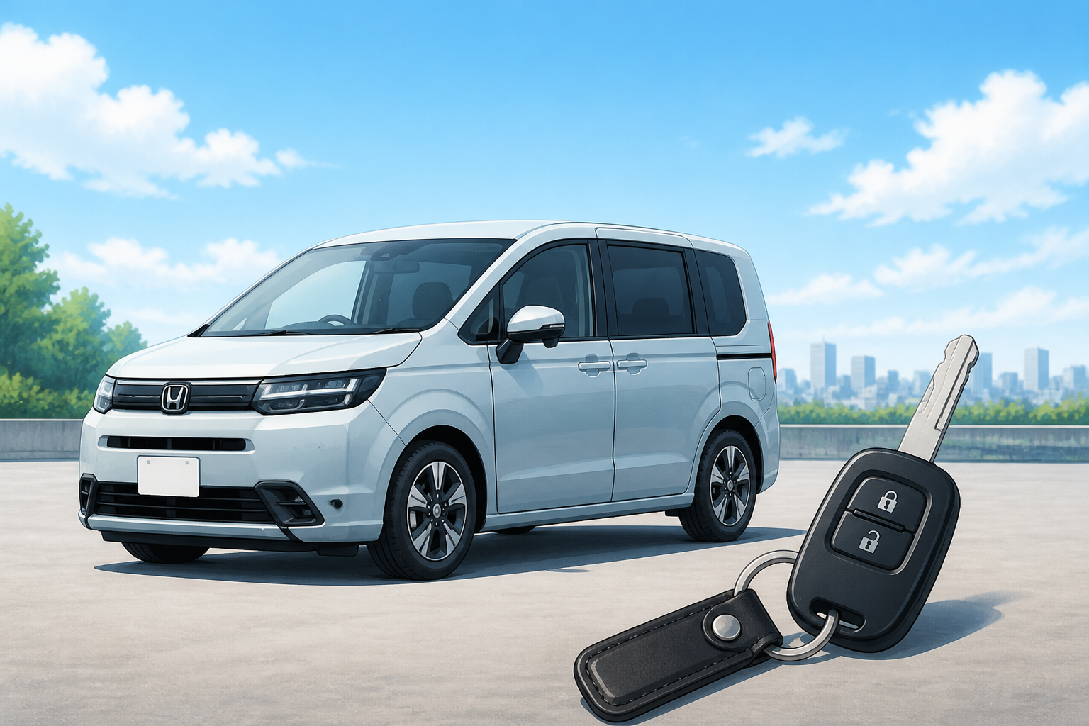 青空の下に停められたミニバンと、車のキーを持つ手元