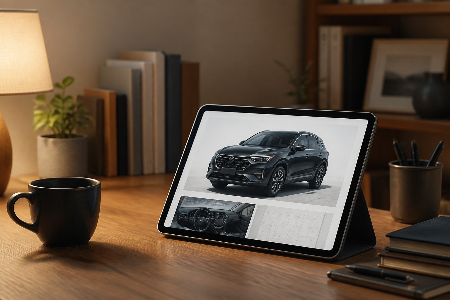 タブレット端末で自動車の最新ニュースや納期情報を確認している落ち着いた雰囲気の書斎スペース
