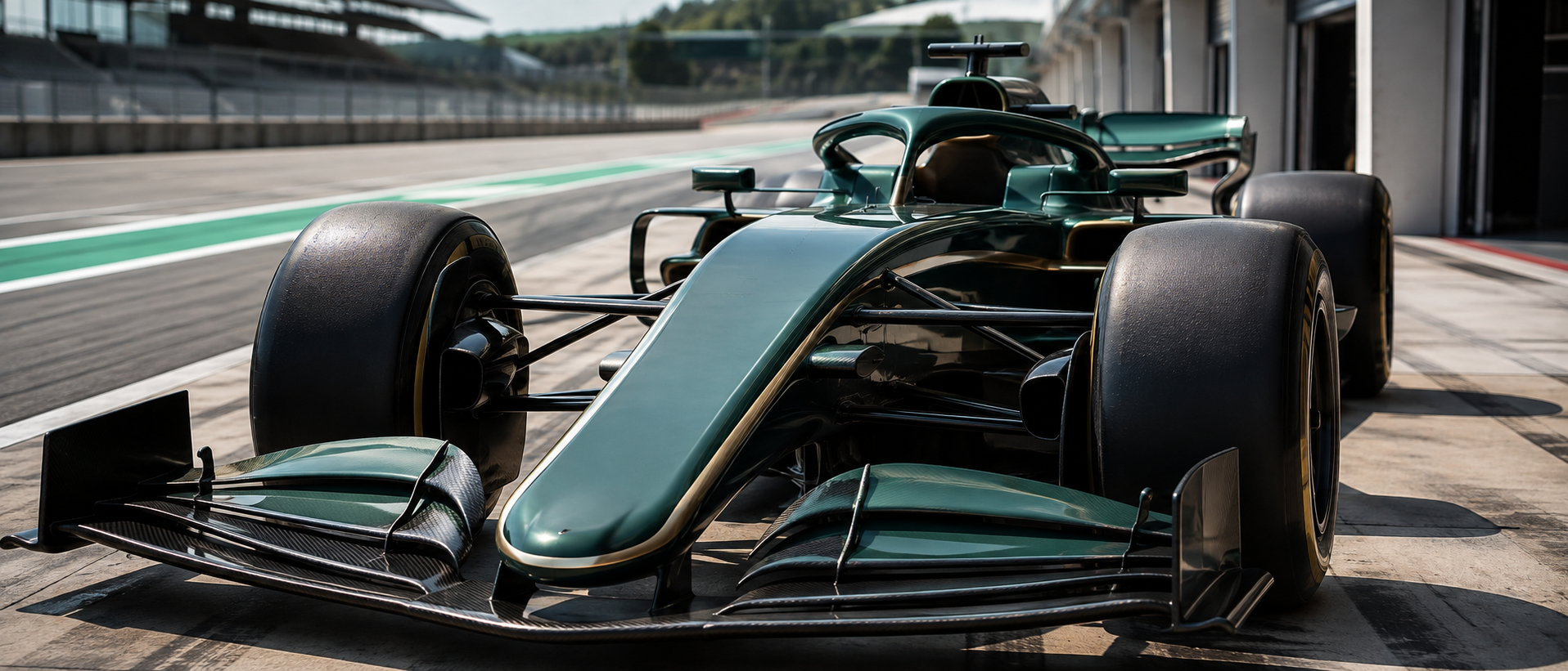 F1サーキットのピットロードに停車しているレーシングカーのクローズアップ静物写真