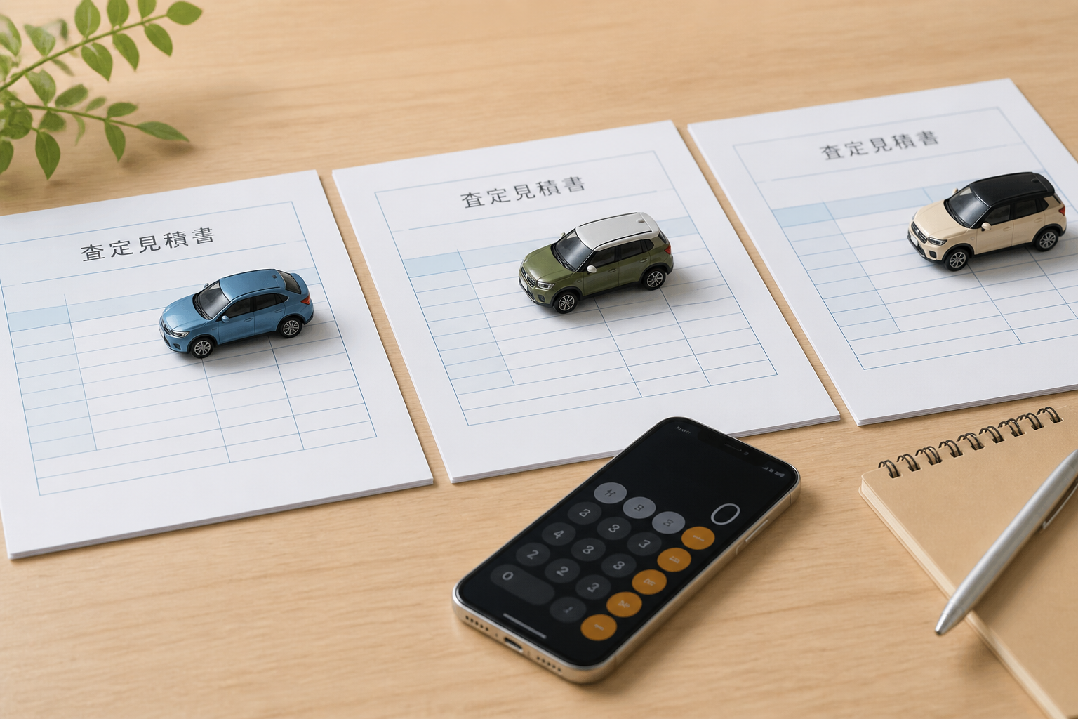 複数の査定見積書が並べられたテーブルの上で、スマートフォンを使って買取価格の比較や計算を行っている手元の風景
