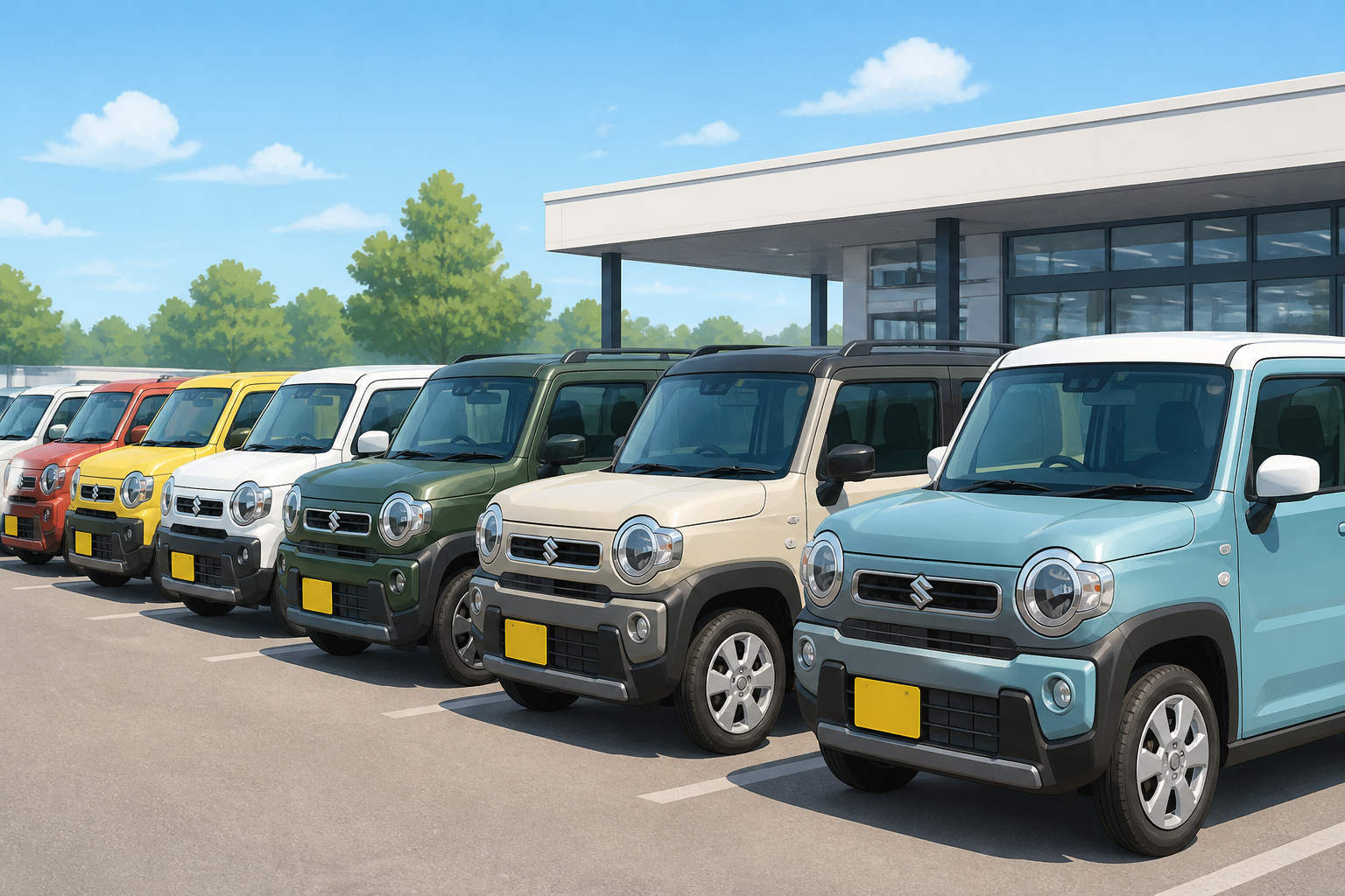 中古車販売店の展示場に並ぶ様々な年式・カラーの軽自動車