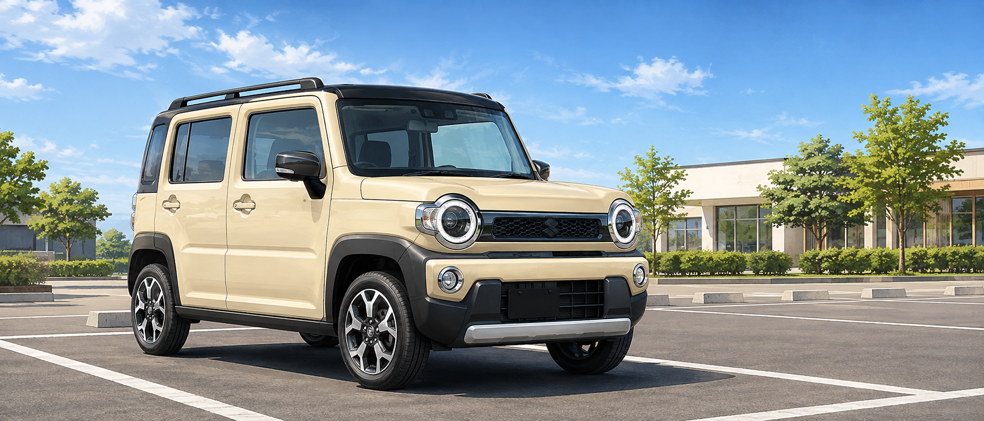 スズキの軽自動車ハスラーが明るい屋外の駐車場に停まっている静物構図