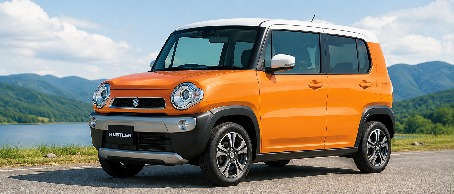 旧型ハスラーのフロントからサイドのシルエットを捉えたクリアな車体外観