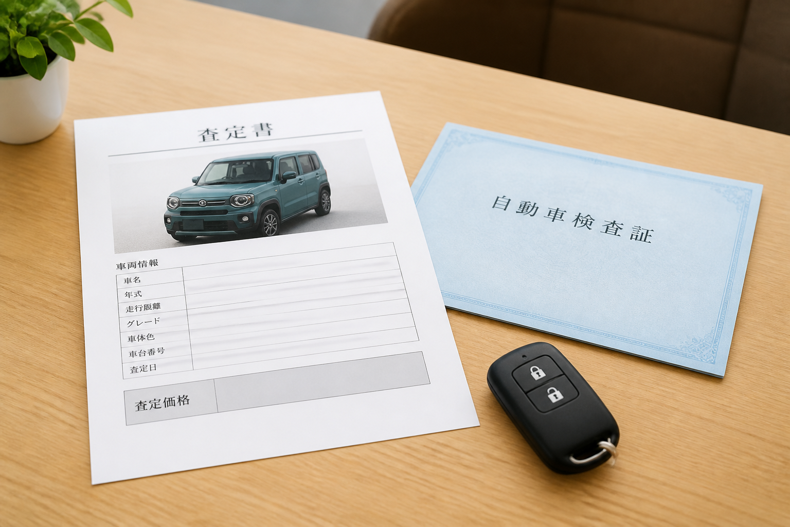 自動車販売店の商談テーブル上で愛車の査定書と車検証、スマートキーが置かれた写真