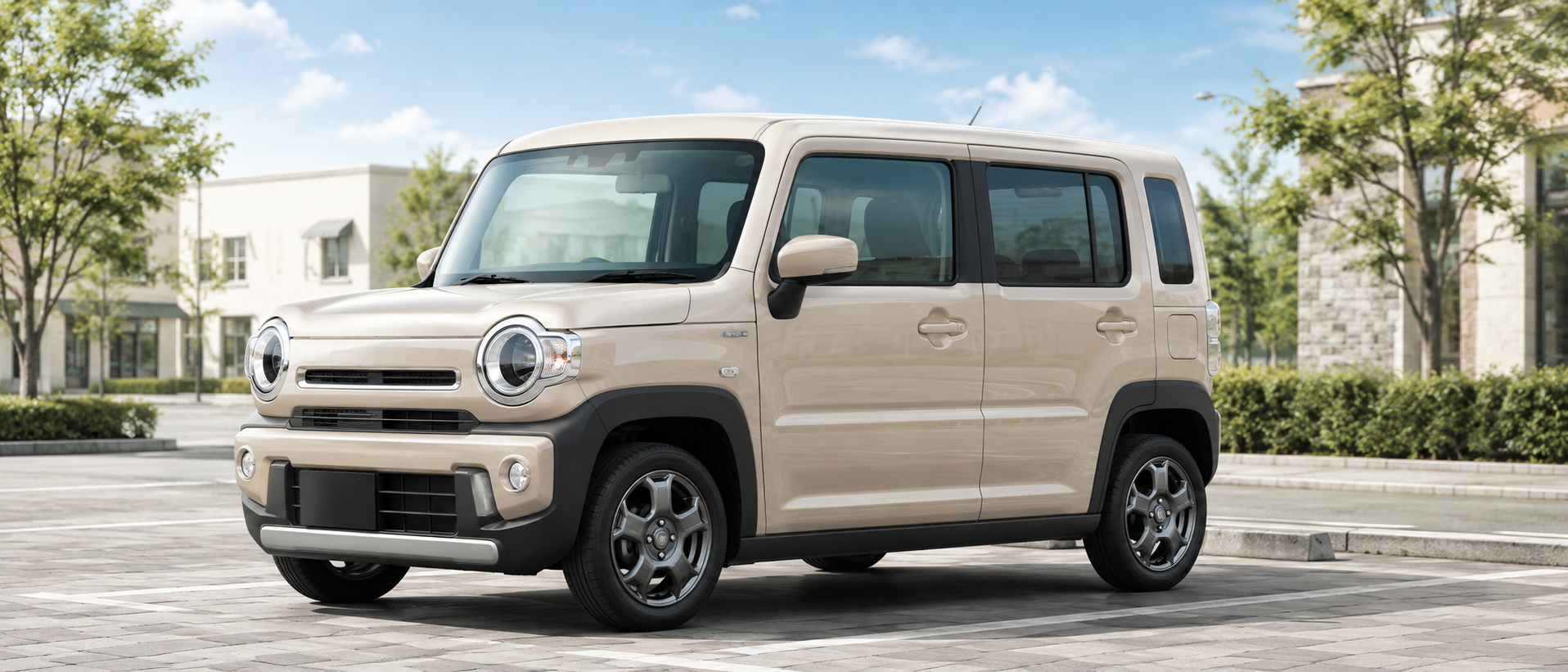明るい屋外に停車するソフトベージュメタリックのハスラー