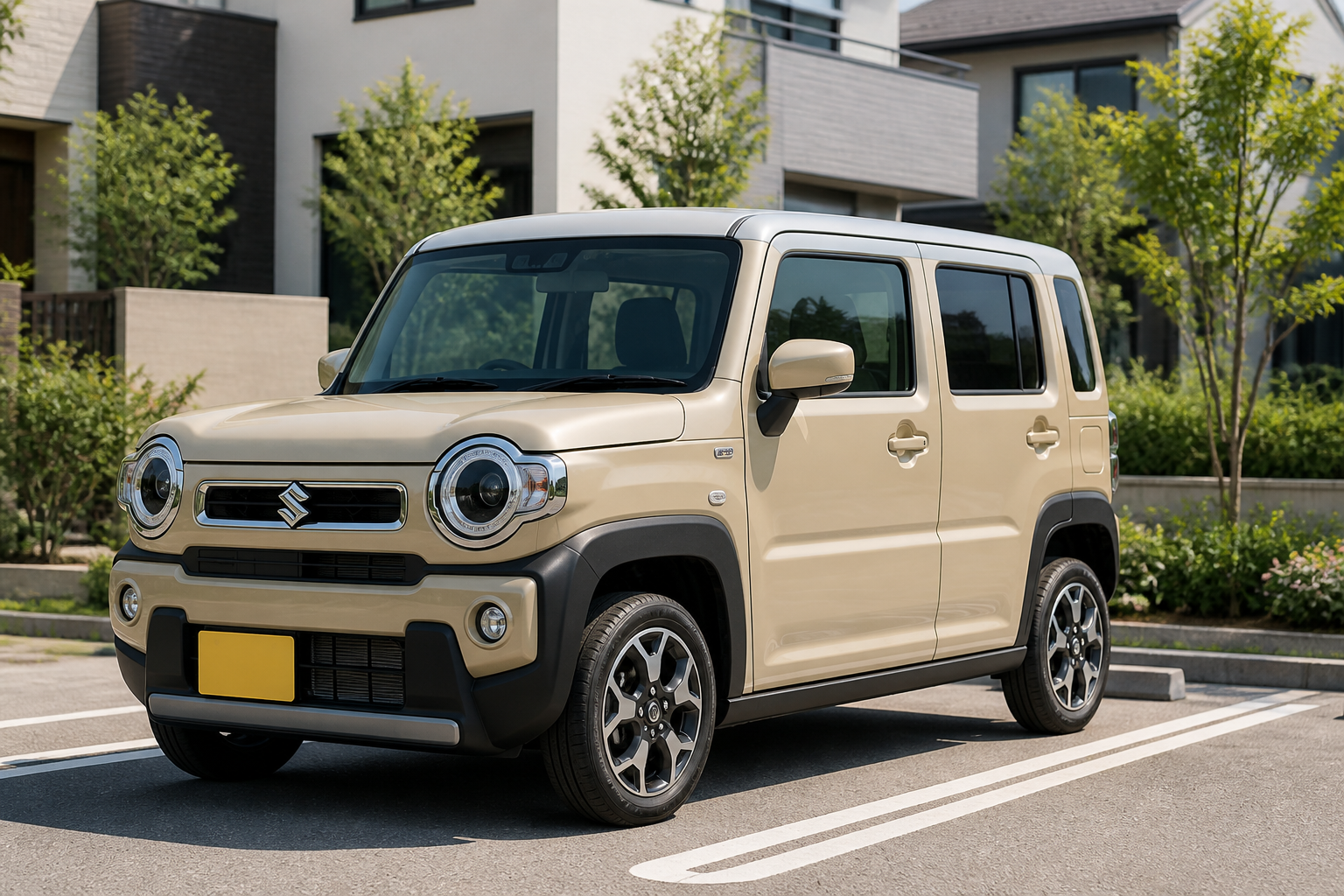 洗練された住宅街の駐車場に映えるソフトベージュメタリックのハスラー
