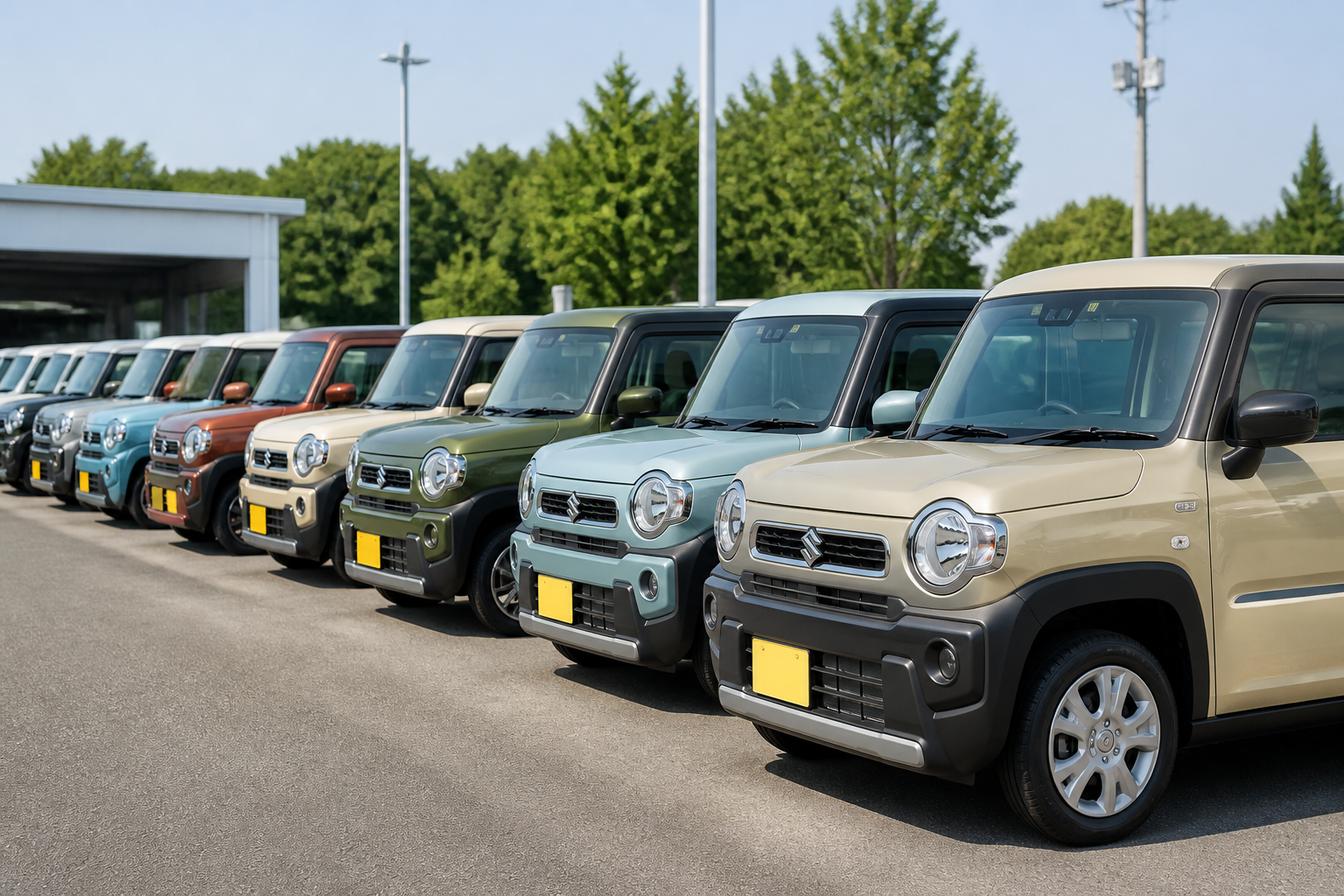 複数の軽自動車が綺麗に並べられた中古車販売店の展示場