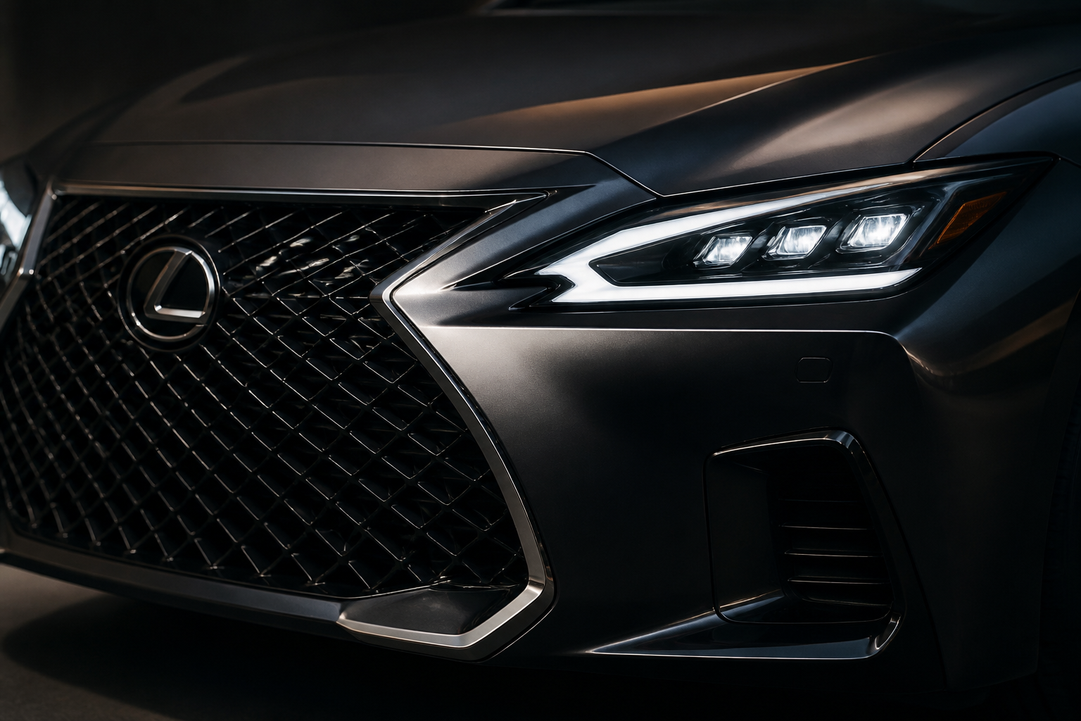 シックな色合いの高級車のフロントグリルとLEDヘッドライトのクローズアップ