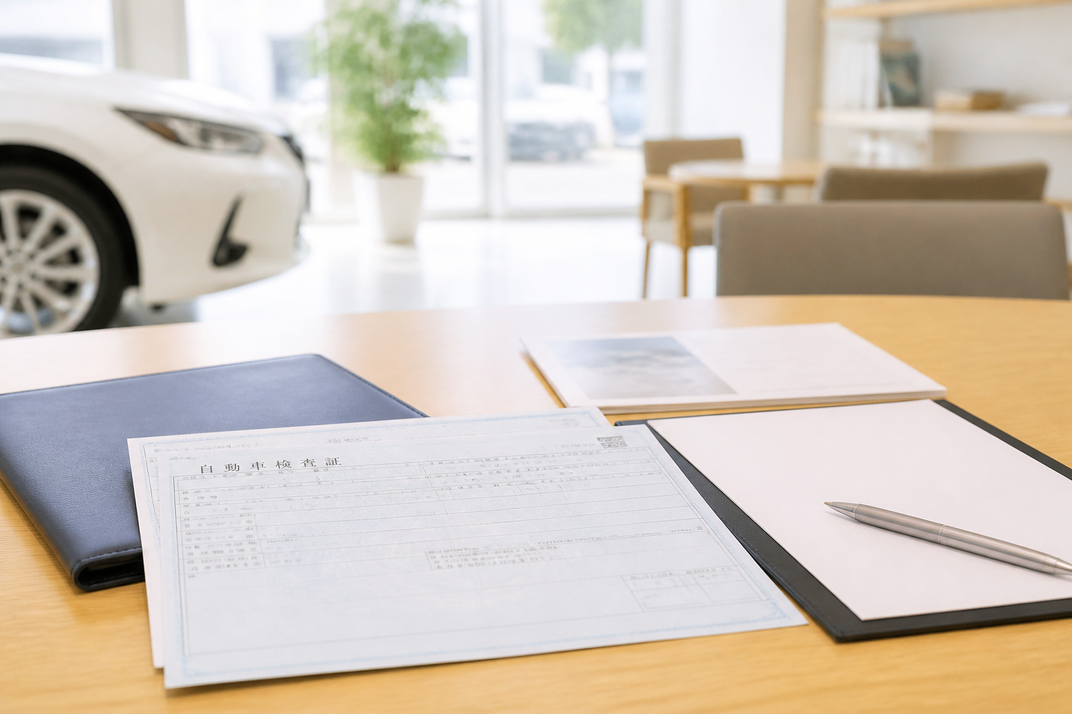 明るい査定店舗で車検証と書類を前に整然と準備された打ち合わせテーブル