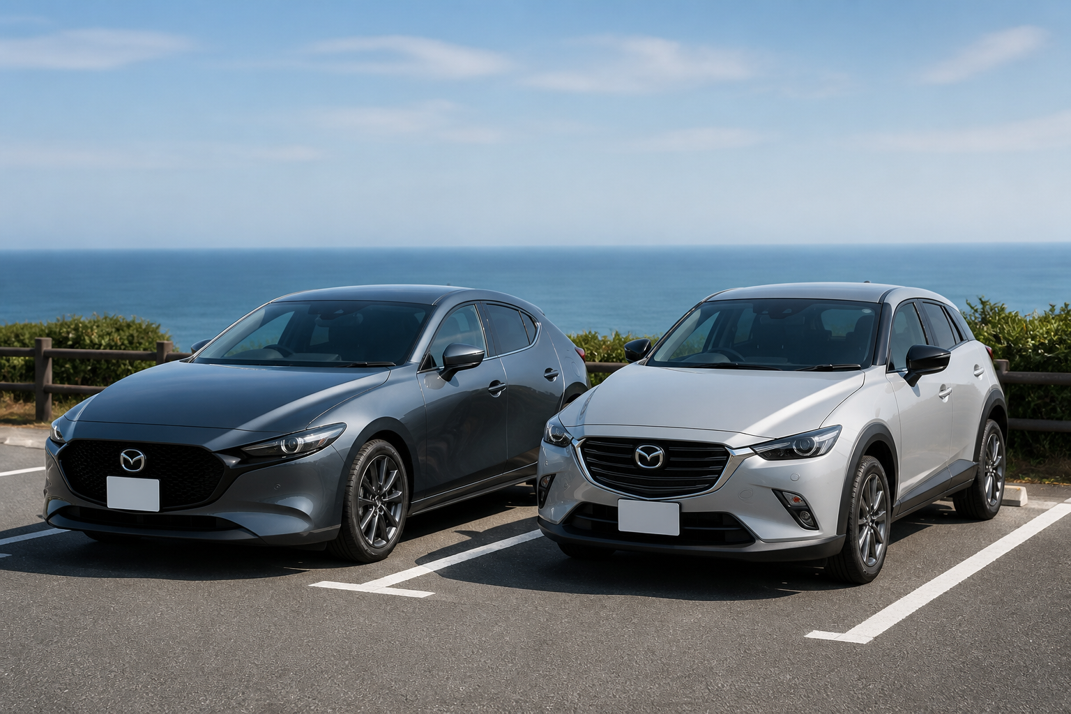 マツダ3とCX-3が並んで停められているパーキングエリアでの静物構図