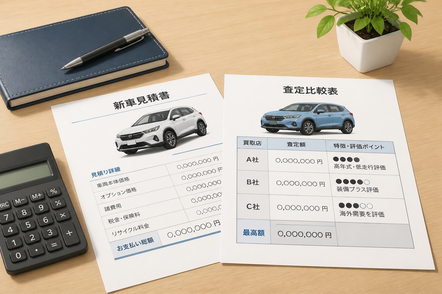 商談用のデスクで新車の見積書と査定比較表を並べて精査している様子