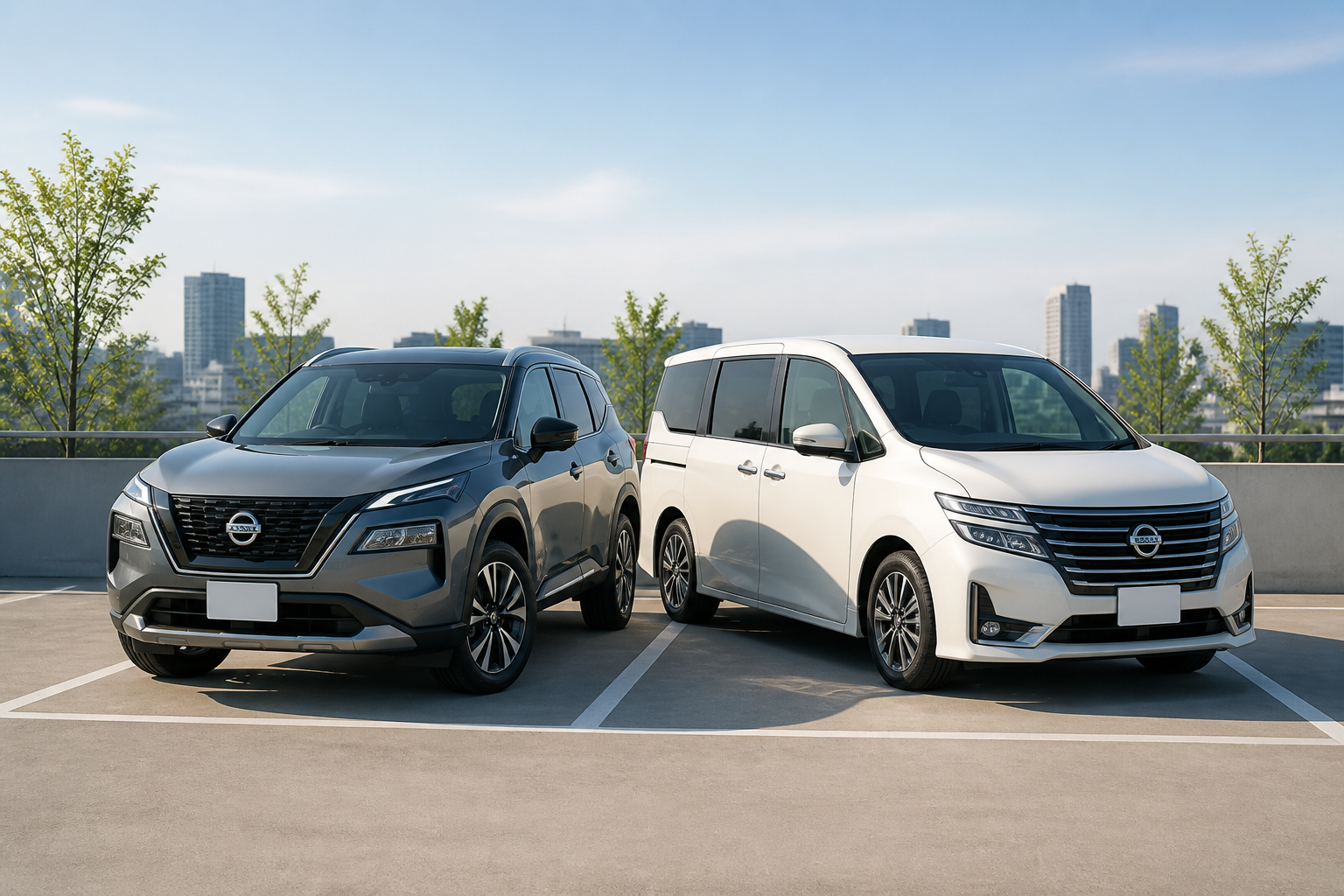 日産の人気SUVとミニバンが綺麗なパーキングスペースに並んで停車している静物構図