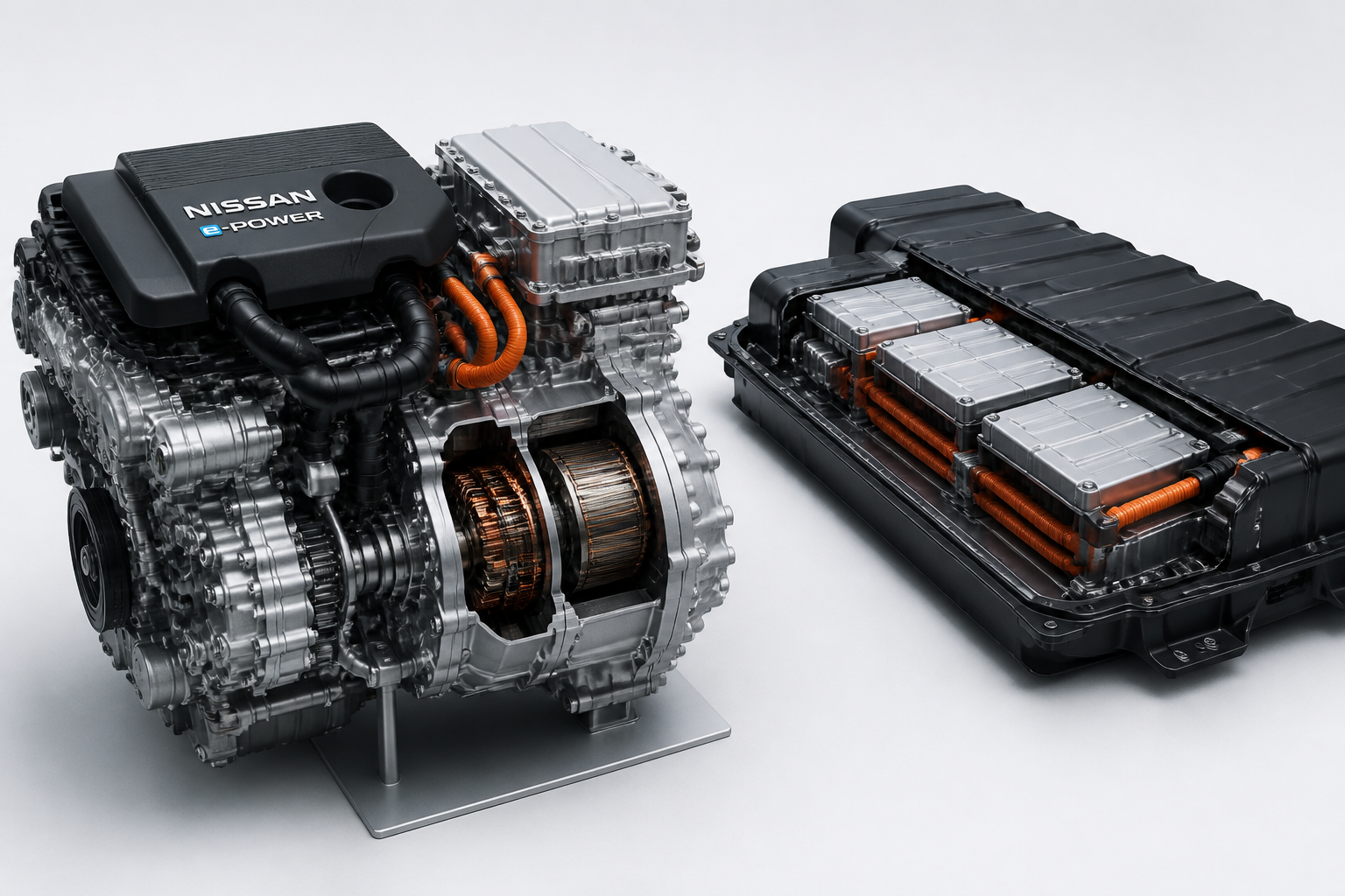 日産のe-POWERパワートレインやバッテリーユニットの構造を示す精密な静物構図