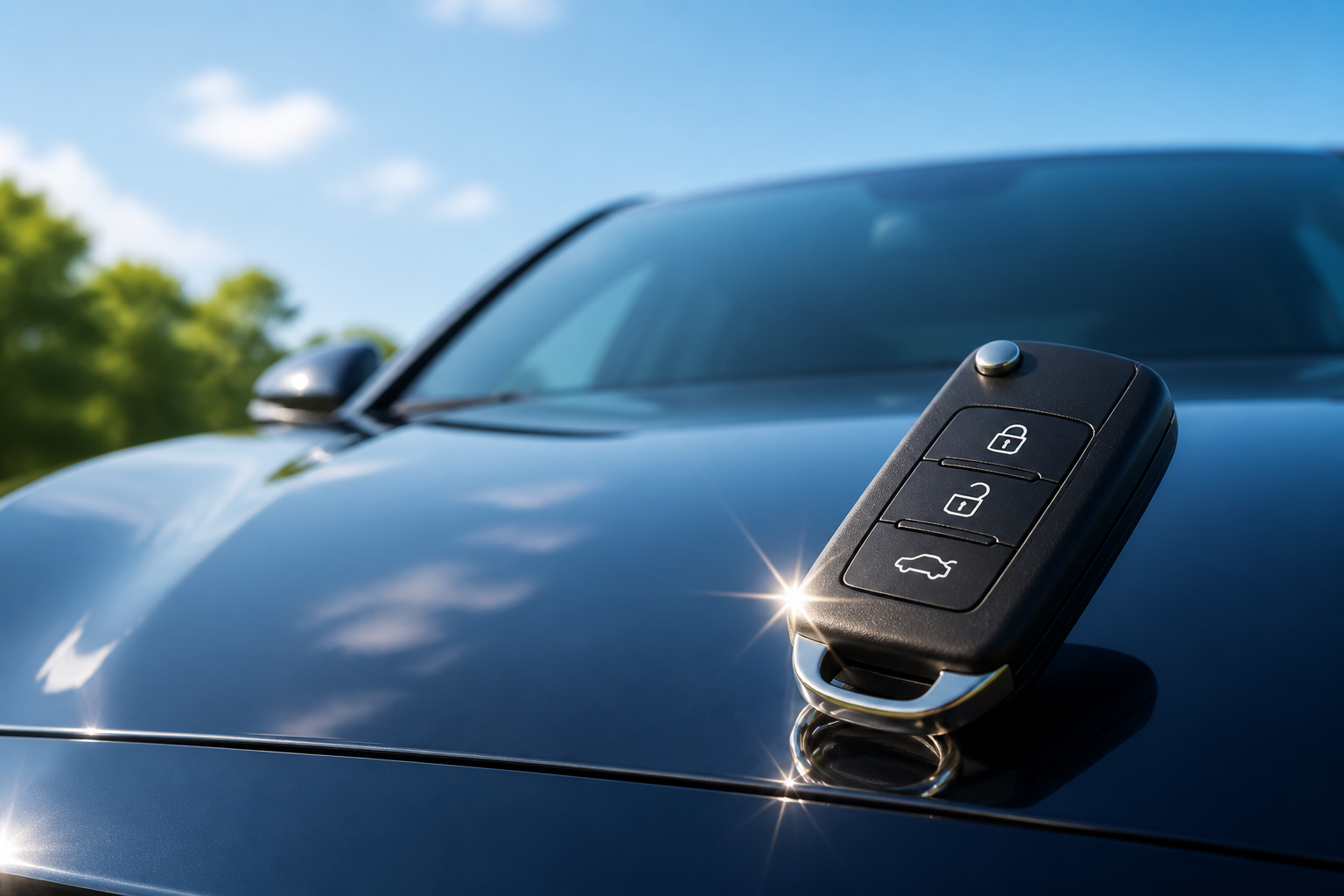 ぴかぴかに磨き上がった車のキーを手に持ち、売却に向けた準備が整ったイメージ