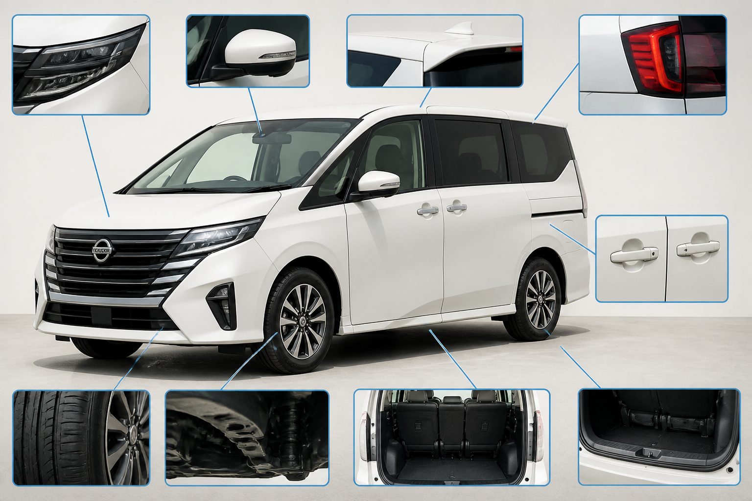 新型セレナのディテールと中古車査定におけるチェックポイントを示す車両の全景画像