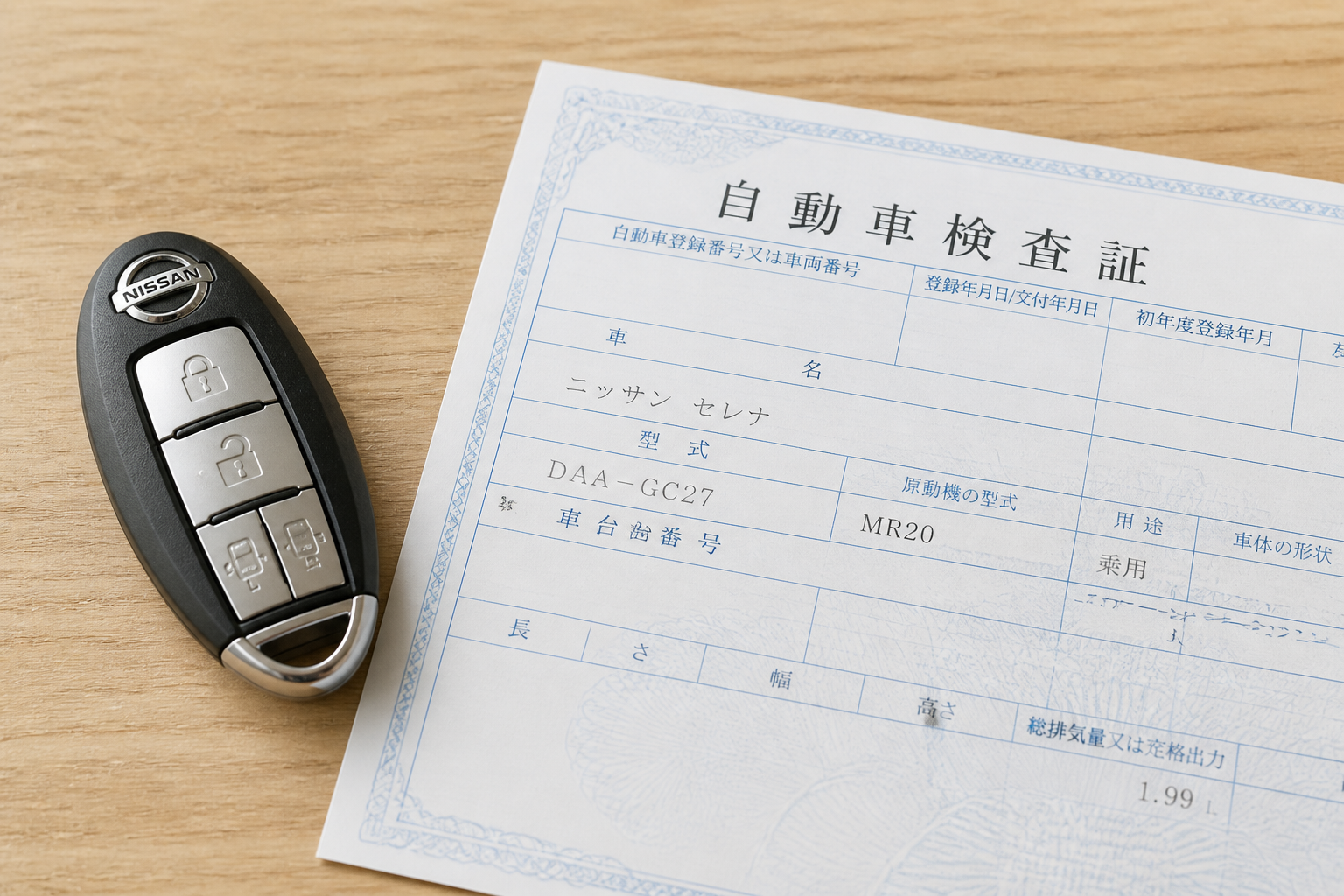 日産セレナのキーと車検証が置かれたテーブル上の静止画