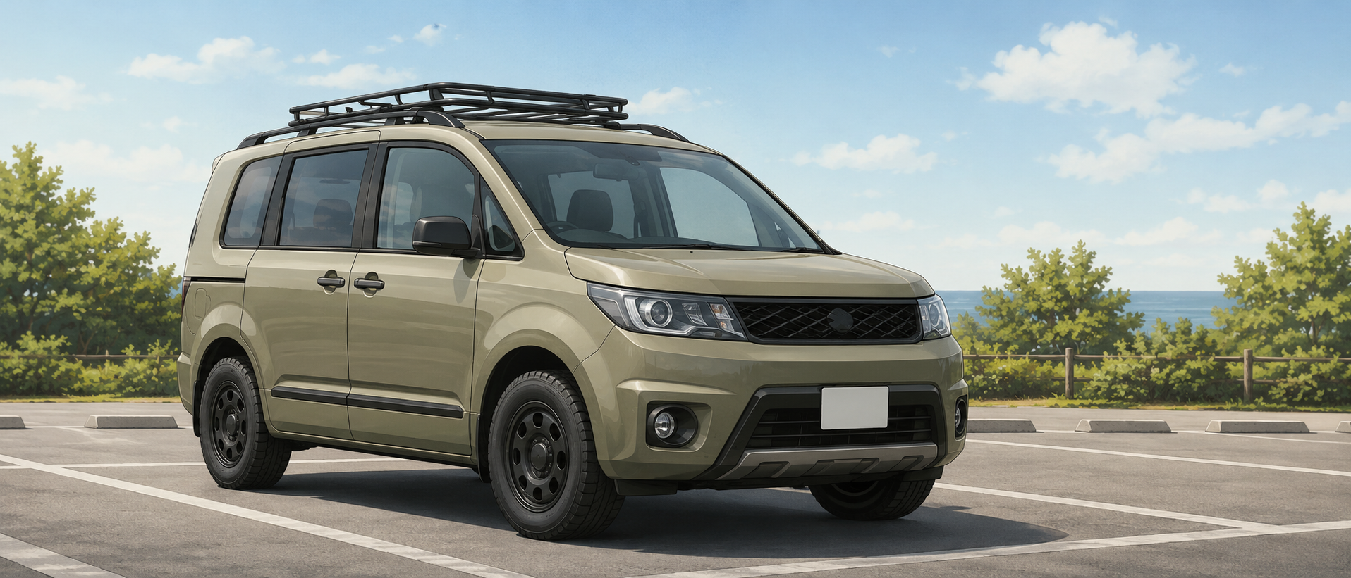 落ち着いた色合いのコンパクトミニバンが屋外の駐車場に停車している静物構図