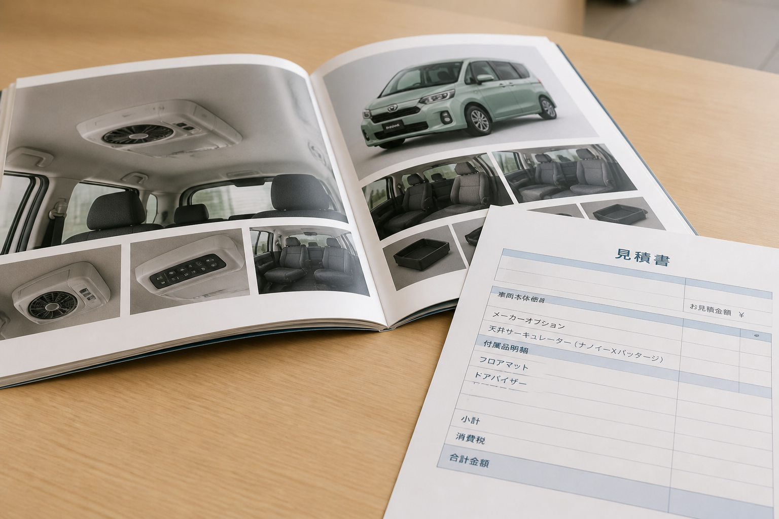 自動車のオプションカタログと商談用デスクの上にある見積書