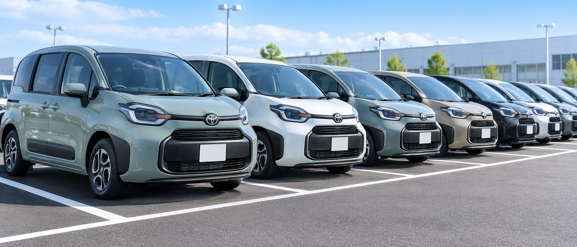 納車待ちの新型シエンタが綺麗に整備されて並んでいる整然とした駐車場