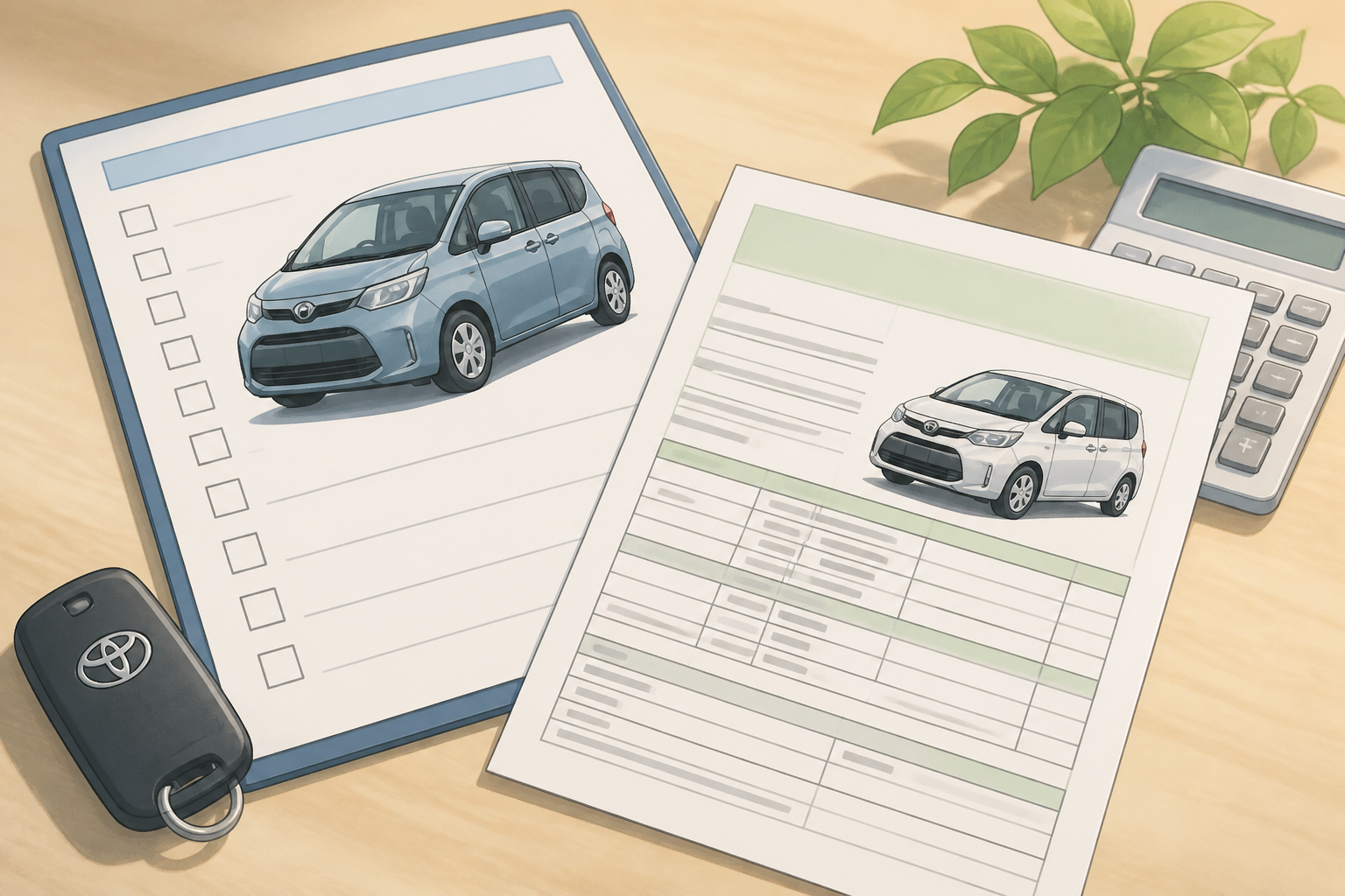 納車前の新車チェックと現在乗っている愛車の査定書類を比較検討している手元の様子