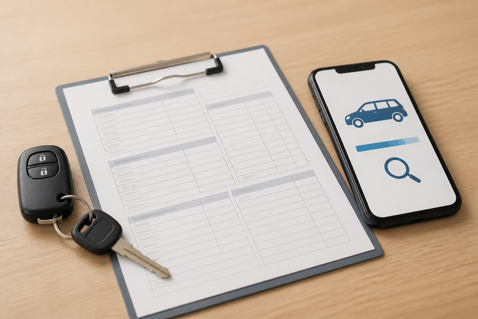 車の鍵と査定書類、スマートフォンで買取相場を検索している様子の静物