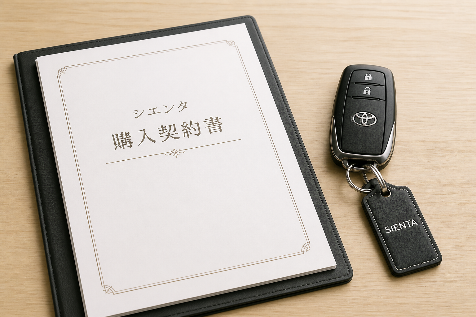 完成したシエンタの購入契約書と新車の鍵が綺麗に並べられている静物