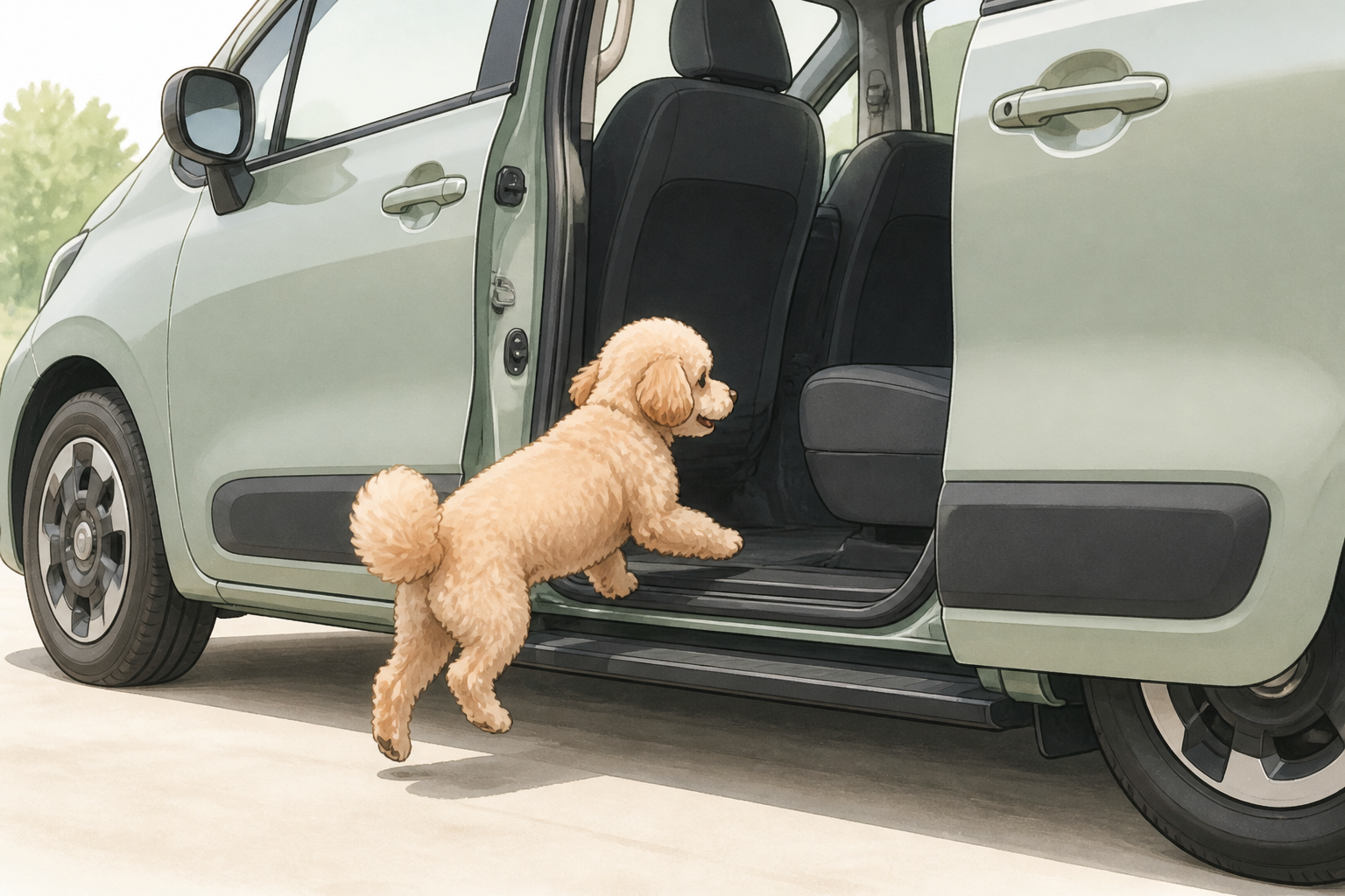 シエンタの低い乗り込口から犬がスムーズに車内に乗り込む様子