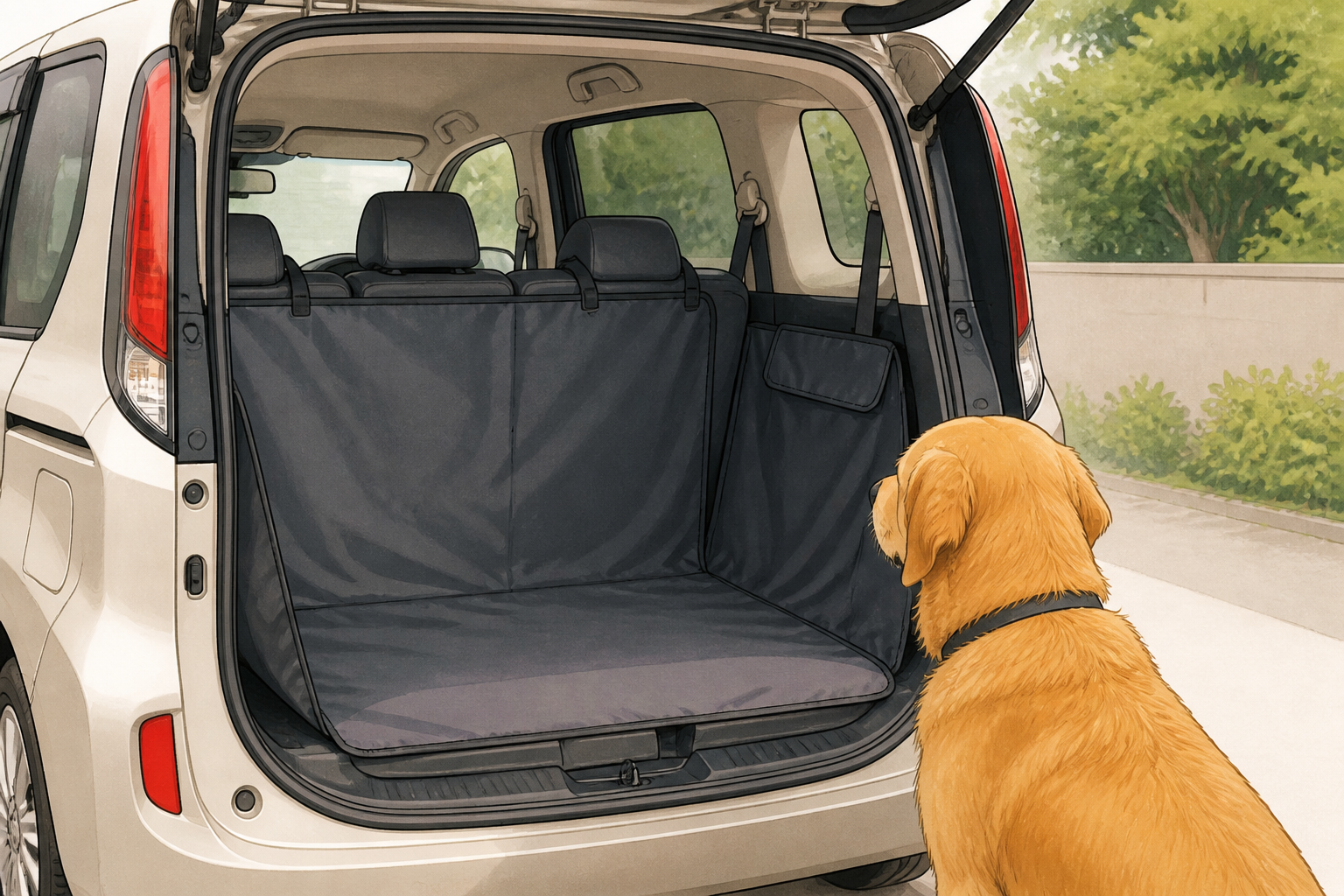 車のトランクを開け、後部座席にシートカバーを敷いて犬を乗せる準備をしている様子