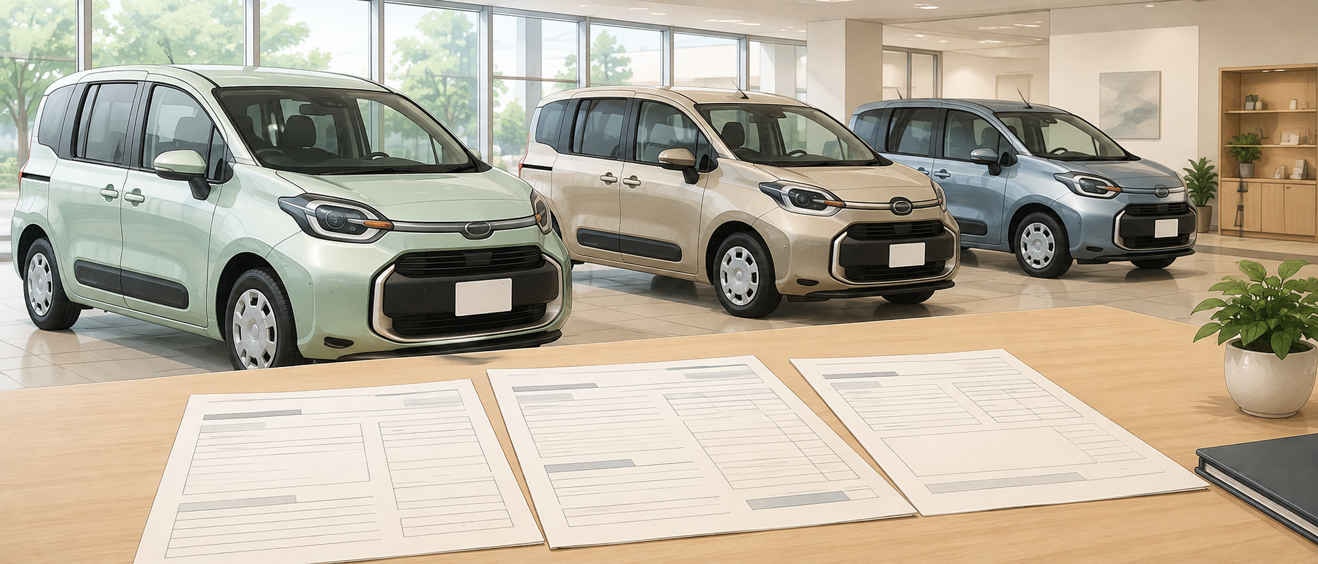 シエンタの実車が店舗の展示場に並び、見積書がテーブルの上に広げられている様子
