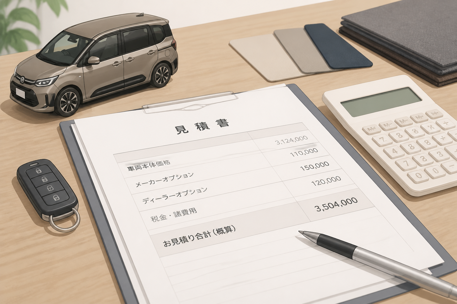 商談テーブルで担当者と見積書を見ながら金額や条件を慎重に確認している場面