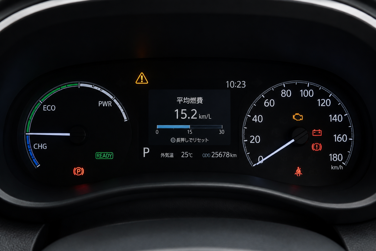 車のメーターパネルに表示された警告や平均燃費計のモニター画面