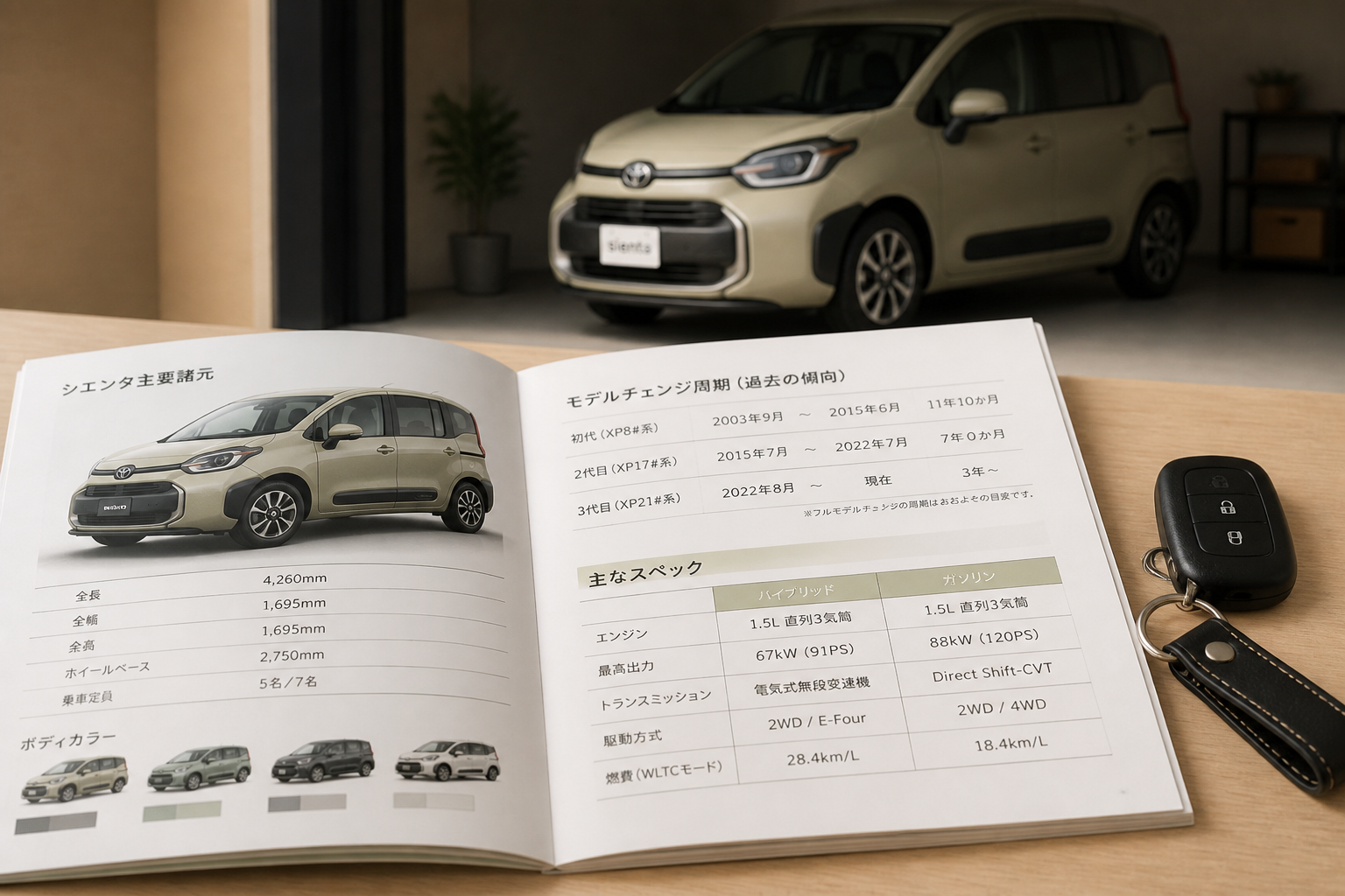 自動車のモデルチェンジ周期やスペックが記載されたカタログを見る手元